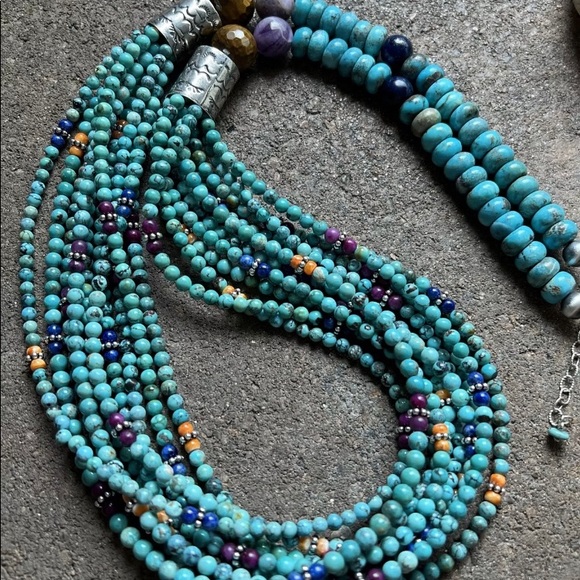 Sterling Silver Multi Strand Multi Stone Turquoise Bead Necklace. 30 inch - Picture 8 of 12